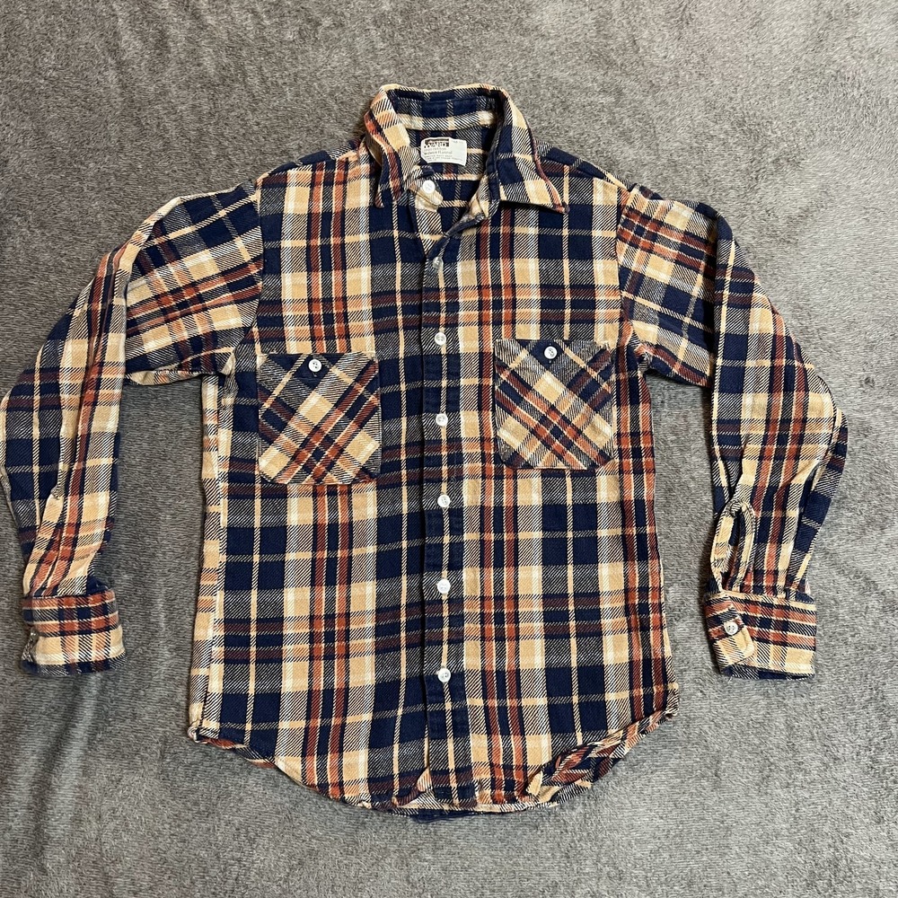 Vintage 70s Montgomery Ward Woven Flannel 100% Cotton Tan Red Blue Plaid Shirt M
